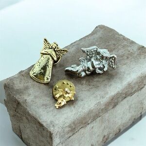 Set of 3 Vintage Gold and Silver Angel Brooch and hat pins